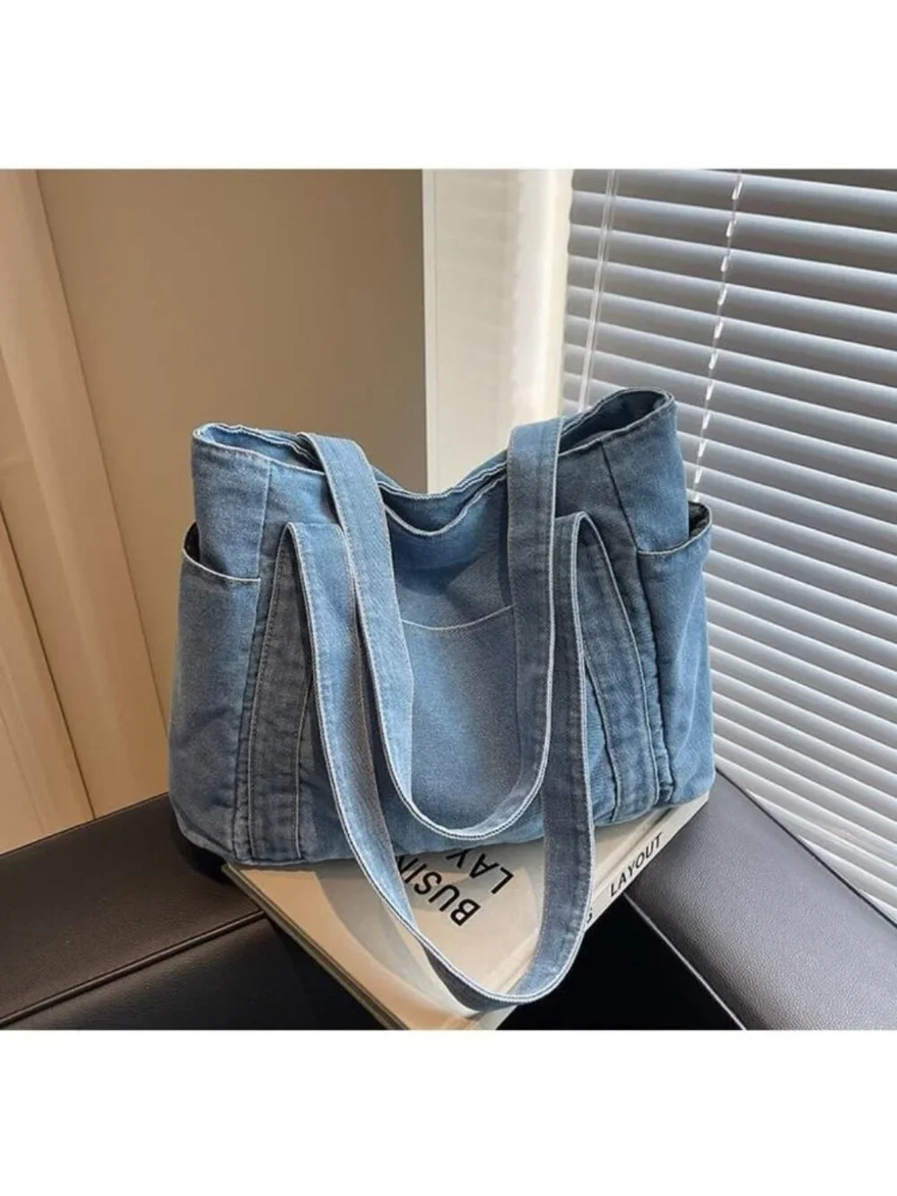 Stylish Light Blue Denim Tote Bag, Multi-Pocket Canvas Handbag for Women